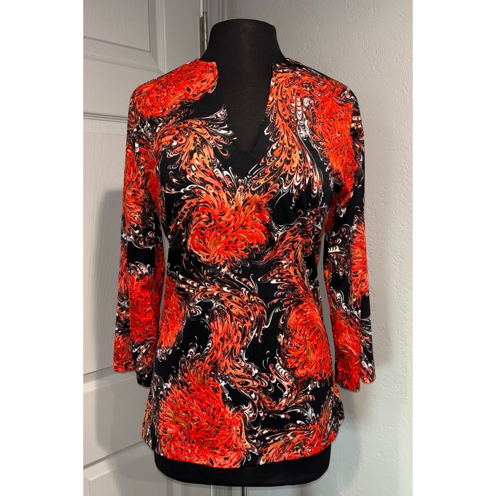 Vintage Red Black Feather Swirl Print Top by Teddi of California Size 14 V Neck